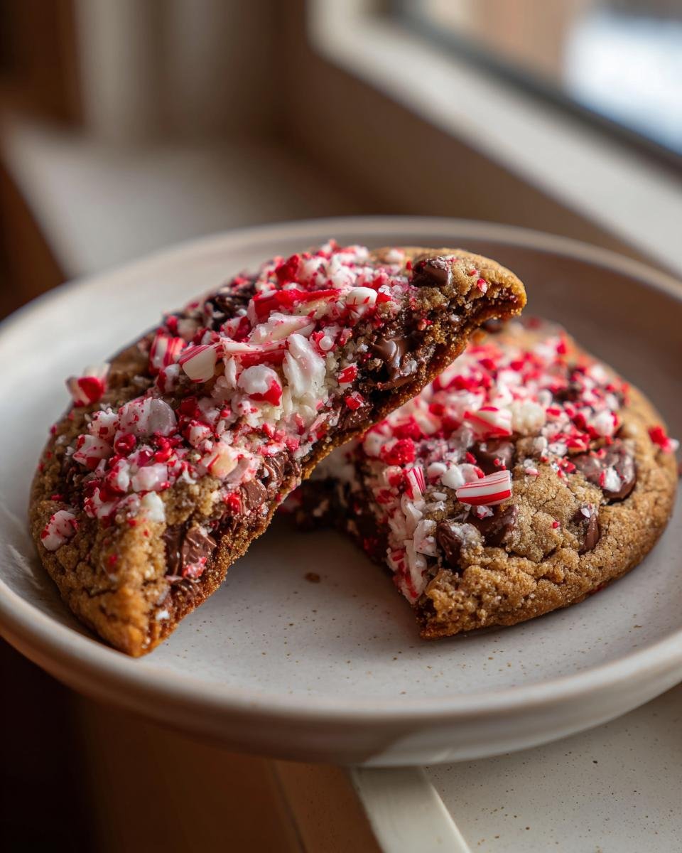 A close-up of a festive peppermint bark cookie broken in half, showing melted chocolate chips and crushed peppermint topping.