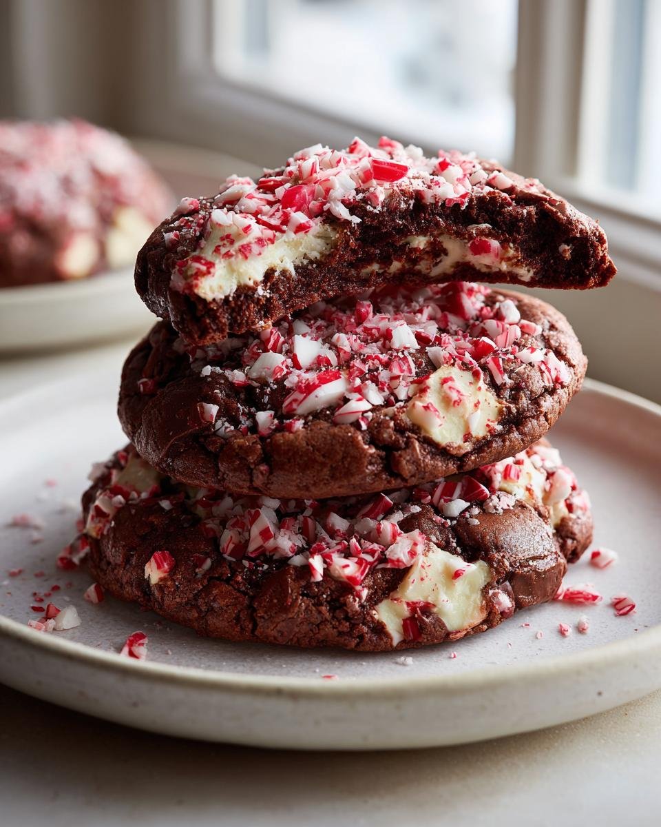 Stack of three rich chocolate Peppermint Bark Cookies, topped with crushed candy canes; one cookie is broken to show the soft white chocolate center.