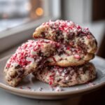 A stack of three soft Peppermint Bark Cookies loaded with chocolate chips and crushed candy canes.