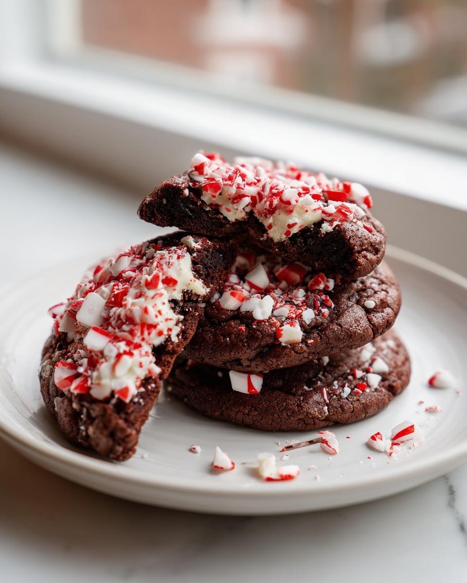 A stack of rich chocolate Festive Peppermint Bark Cookies topped with white frosting and crushed candy canes.