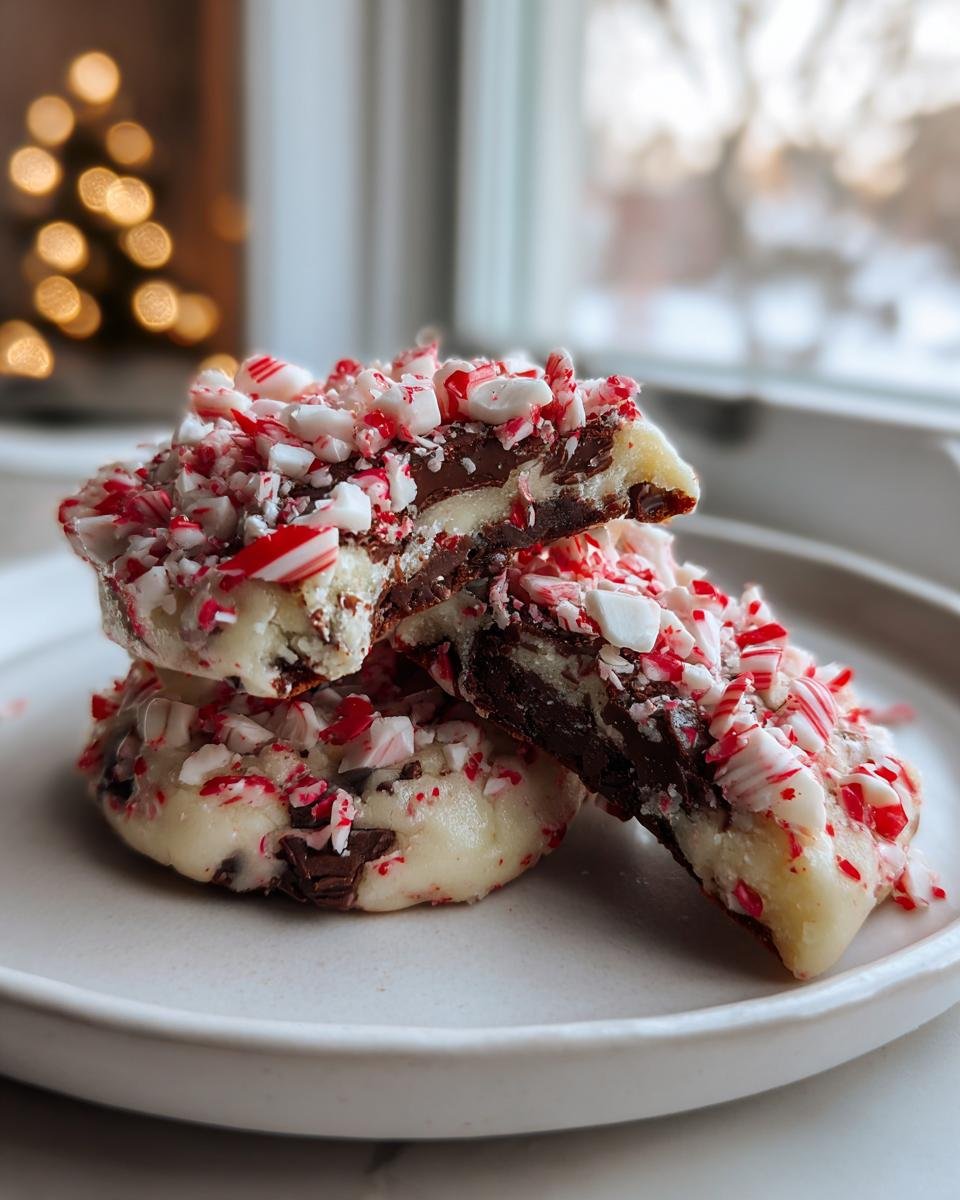Close-up of stacked Peppermint Bark Cookies, one broken to show the chocolate filling and crushed candy cane topping.