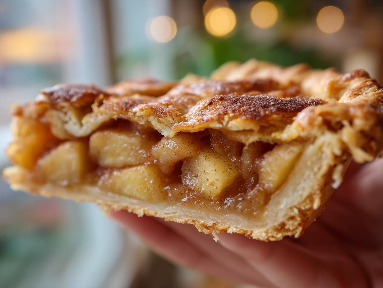 Close-up of a flaky slice showing thick apple filling in an Irresistible Apple Galette Recipe.