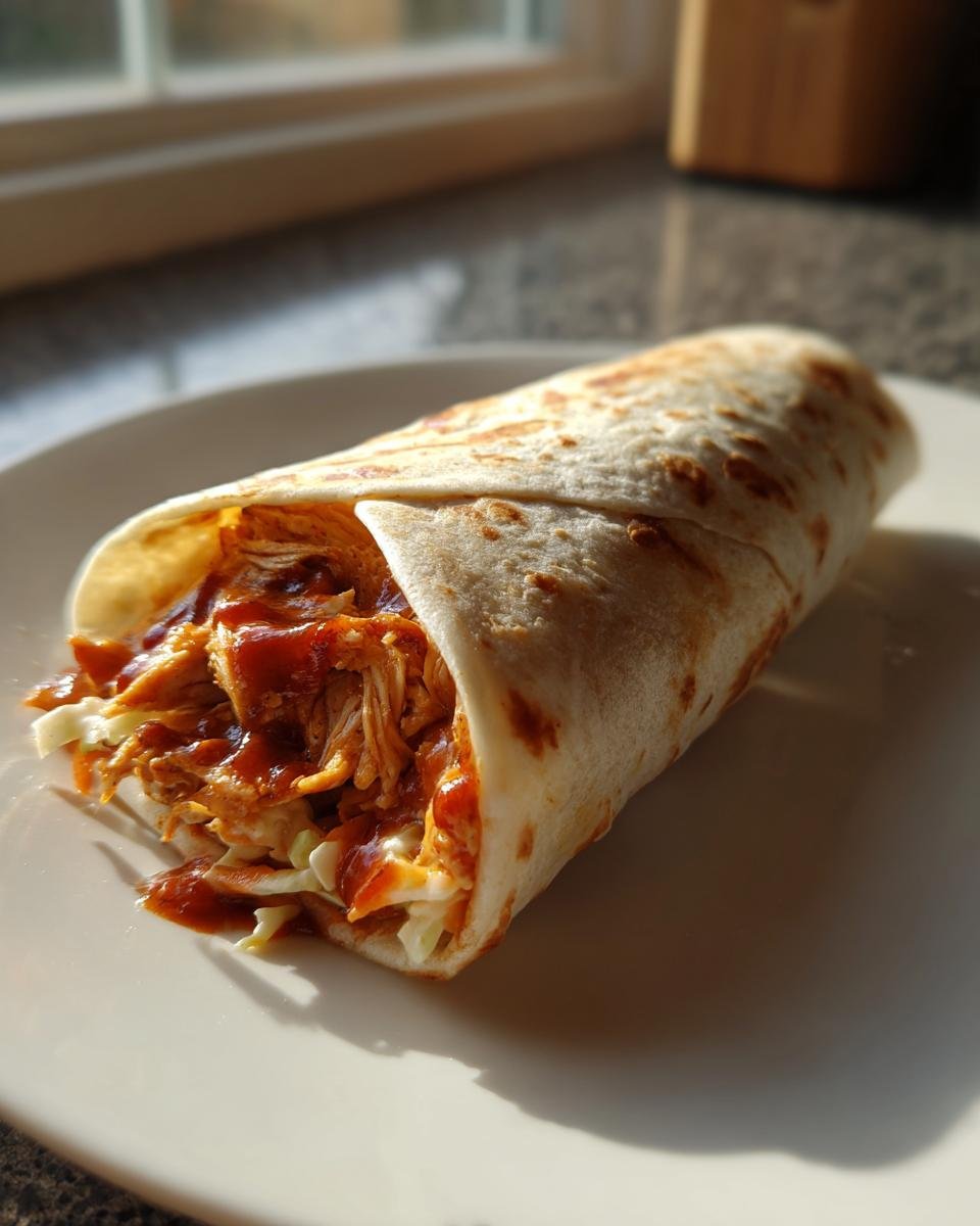 A single Flavorful BBQ Chicken Coleslaw Wrap filled with shredded chicken and coleslaw, resting on a white plate.