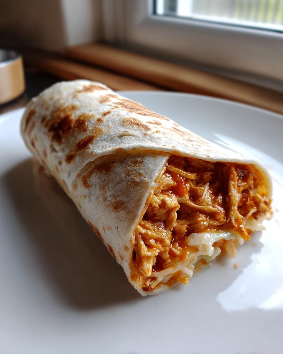 Close-up of a Flavorful BBQ Chicken Coleslaw Wraps, showing shredded chicken in BBQ sauce and coleslaw inside a lightly toasted tortilla.