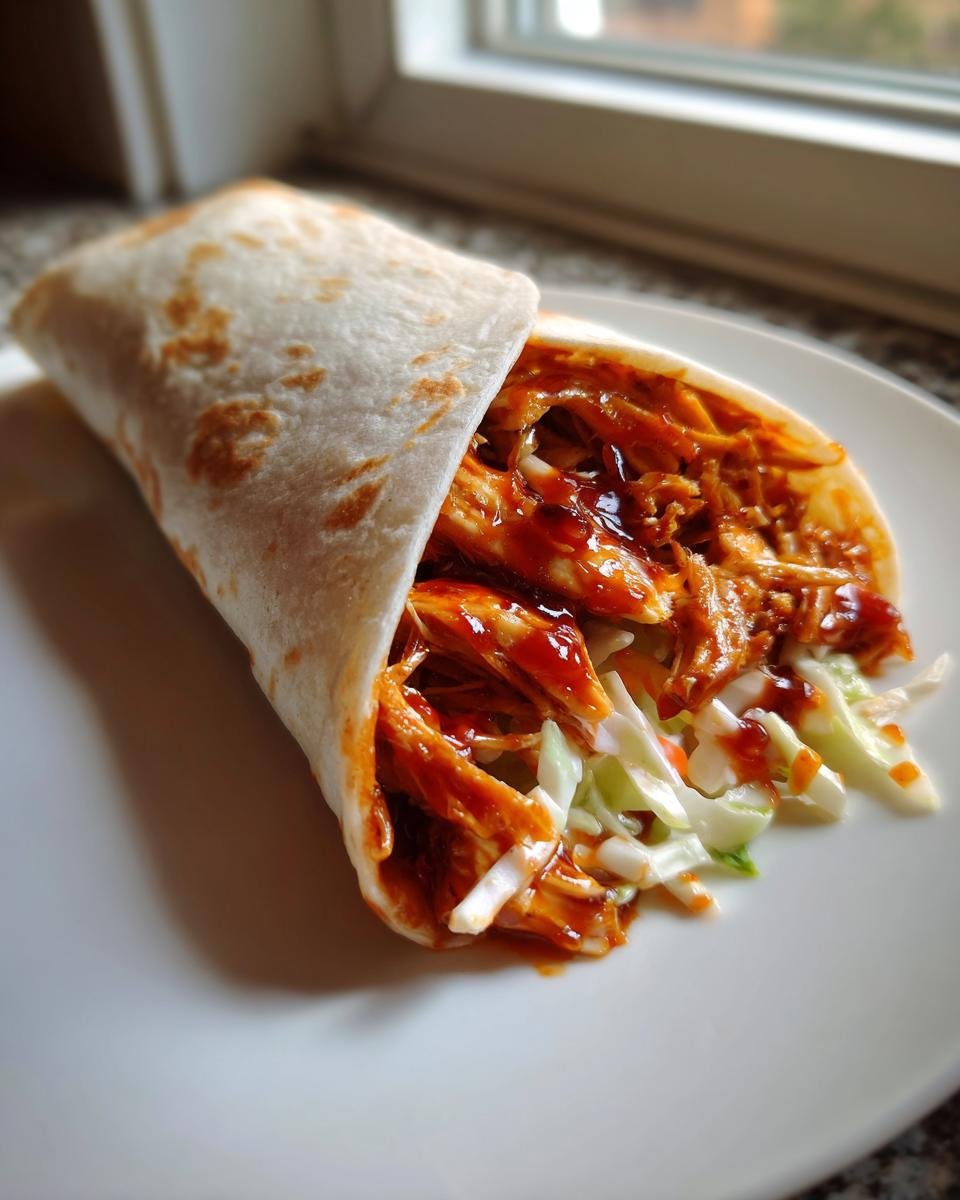 Close-up of a Flavorful BBQ Chicken Coleslaw Wrap filled with shredded chicken coated in BBQ sauce and crisp coleslaw.