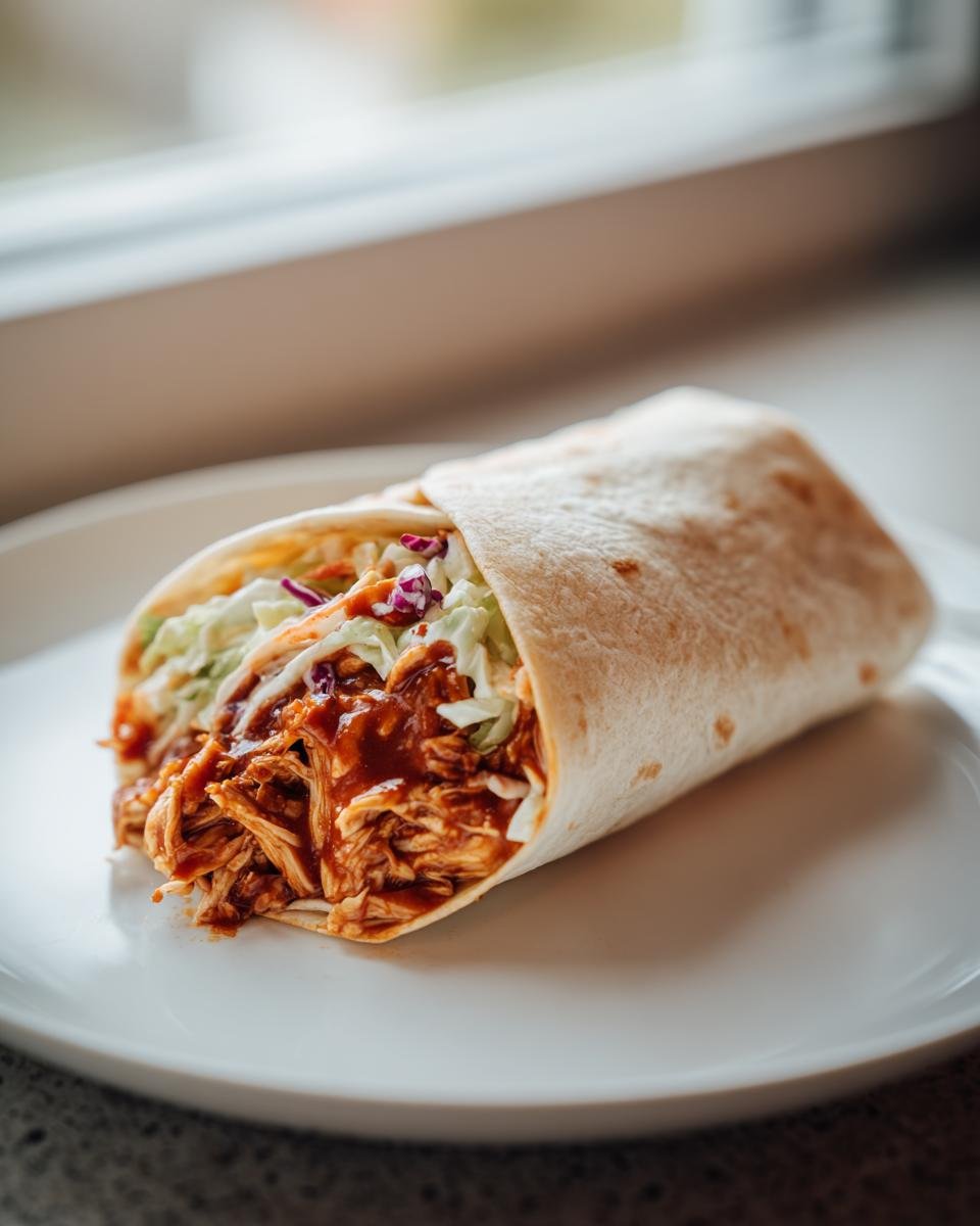 A single wrap filled with shredded BBQ chicken and coleslaw, ready to eat as a Flavorful BBQ Chicken Coleslaw Wraps.