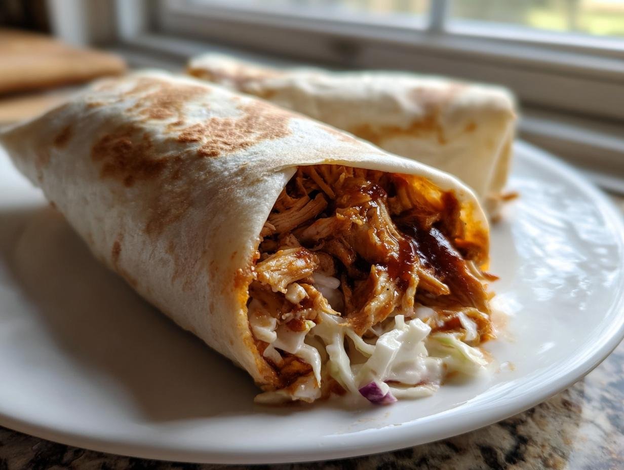 Close-up of two Flavorful BBQ Chicken Coleslaw Wraps filled with shredded chicken, BBQ sauce, and creamy coleslaw on a white plate.