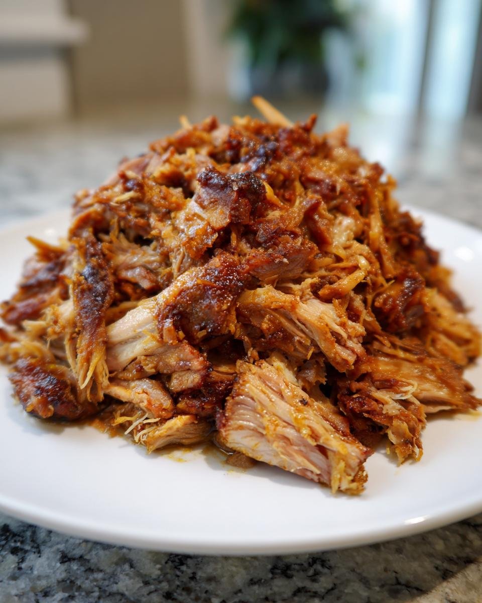 A mound of perfectly shredded, richly seasoned Flavorful Crockpot Carnitas Recipe piled high on a white plate.