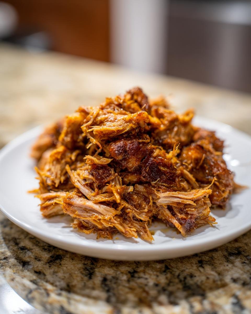 A close-up of perfectly shredded, moist, and richly seasoned Flavorful Crockpot Carnitas Recipe piled high on a white plate.