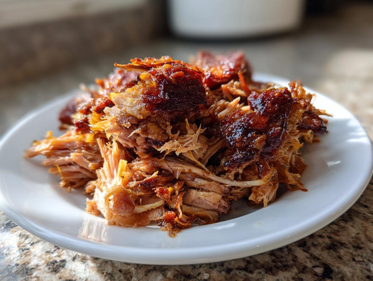 Close-up of tender, shredded Flavorful Crockpot Carnitas Recipe with crispy, caramelized edges on a white plate.