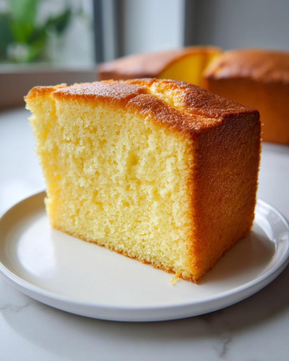 A close-up of a thick slice of golden, moist Irresistible French Butter Cake Recipe on a white plate.