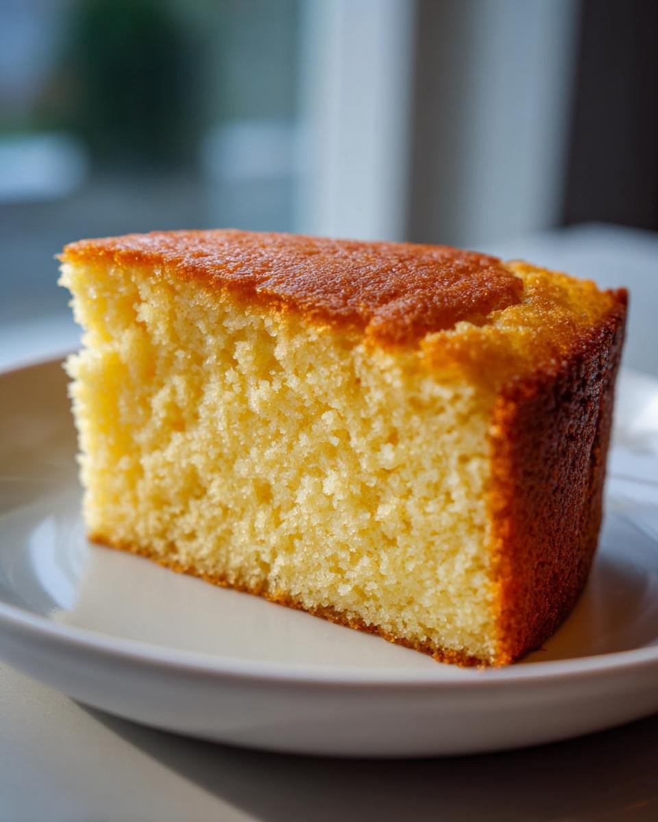 Close-up of a moist slice of Irresistible French Butter Cake on a white plate.
