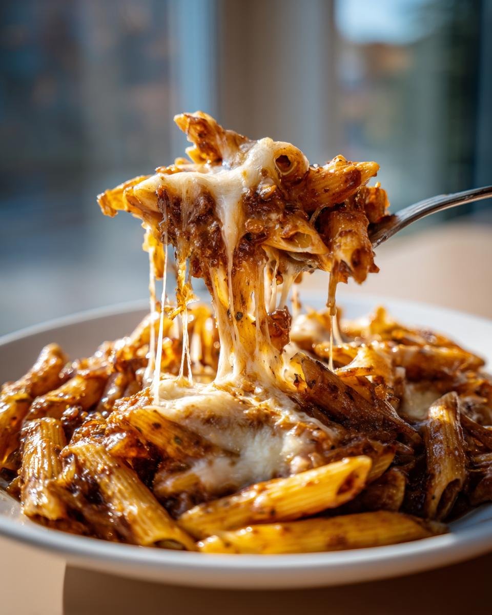 A fork lifts penne pasta coated in rich sauce and melted cheese, creating a dramatic cheese pull in the Delicious French Onion Pasta Recipe.