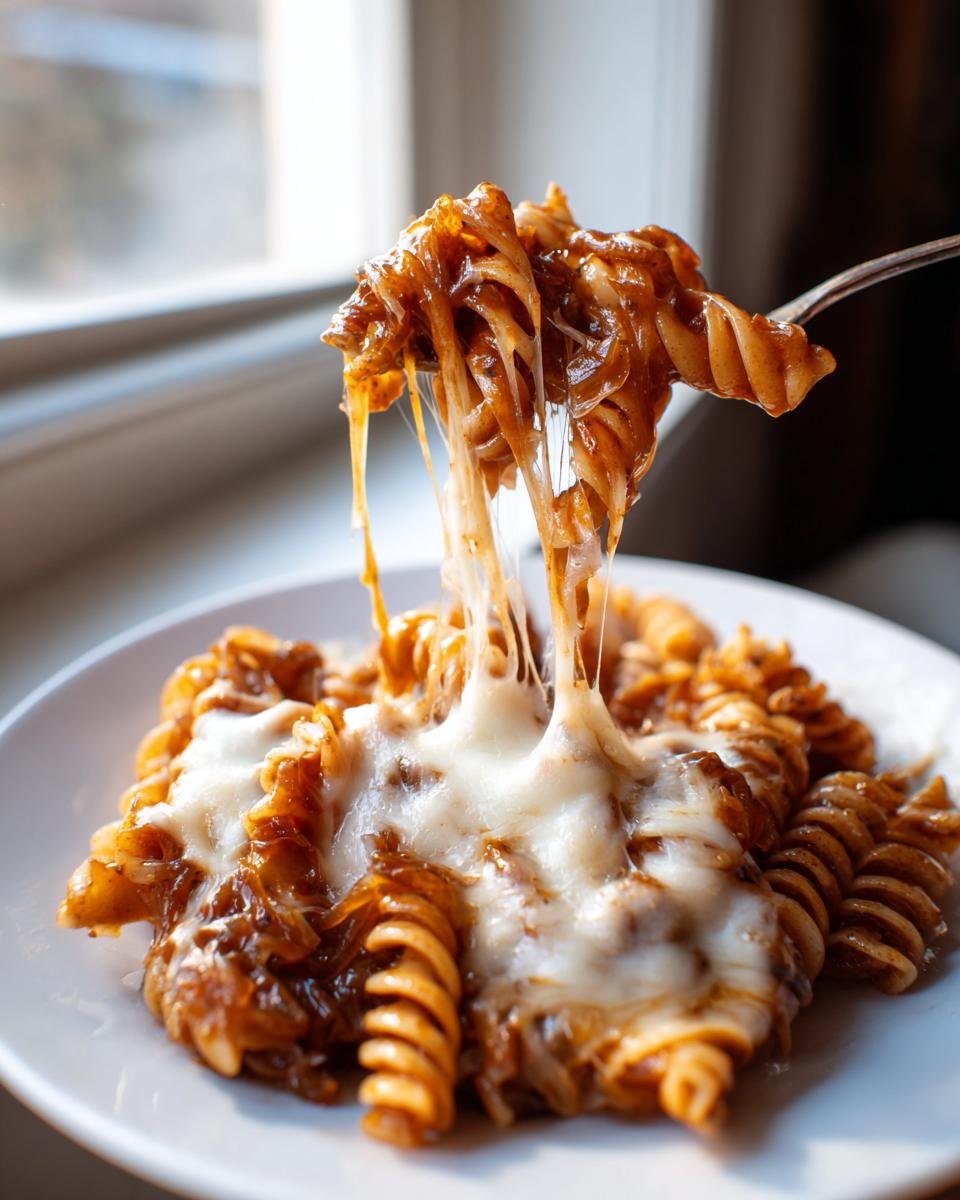 A fork lifting a bite of rotini pasta covered in rich sauce and stretchy melted cheese from a plate of Delicious French Onion Pasta Recipe.