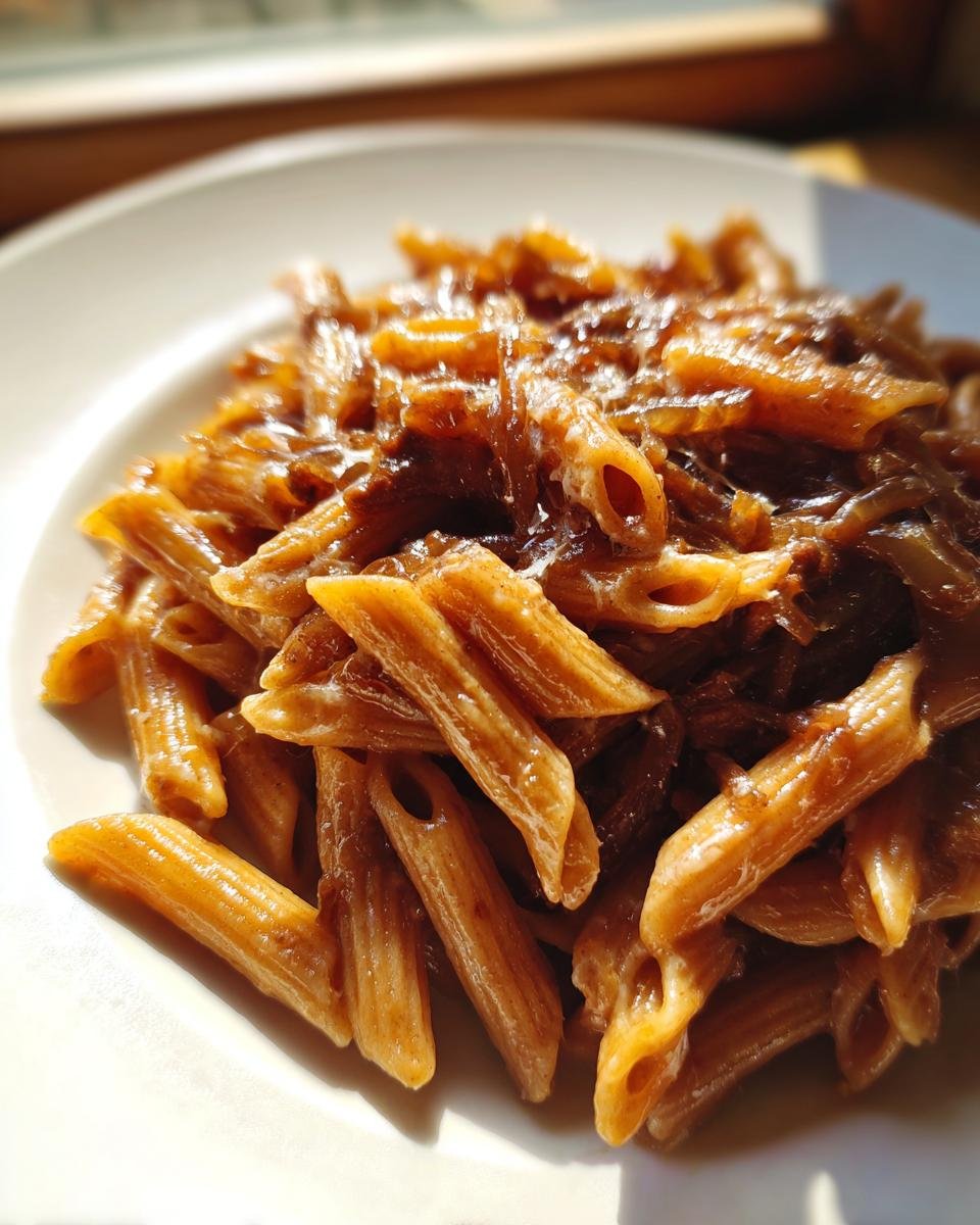 Close-up of penne pasta coated in a rich, caramelized onion sauce from the French Onion Pasta Recipe.