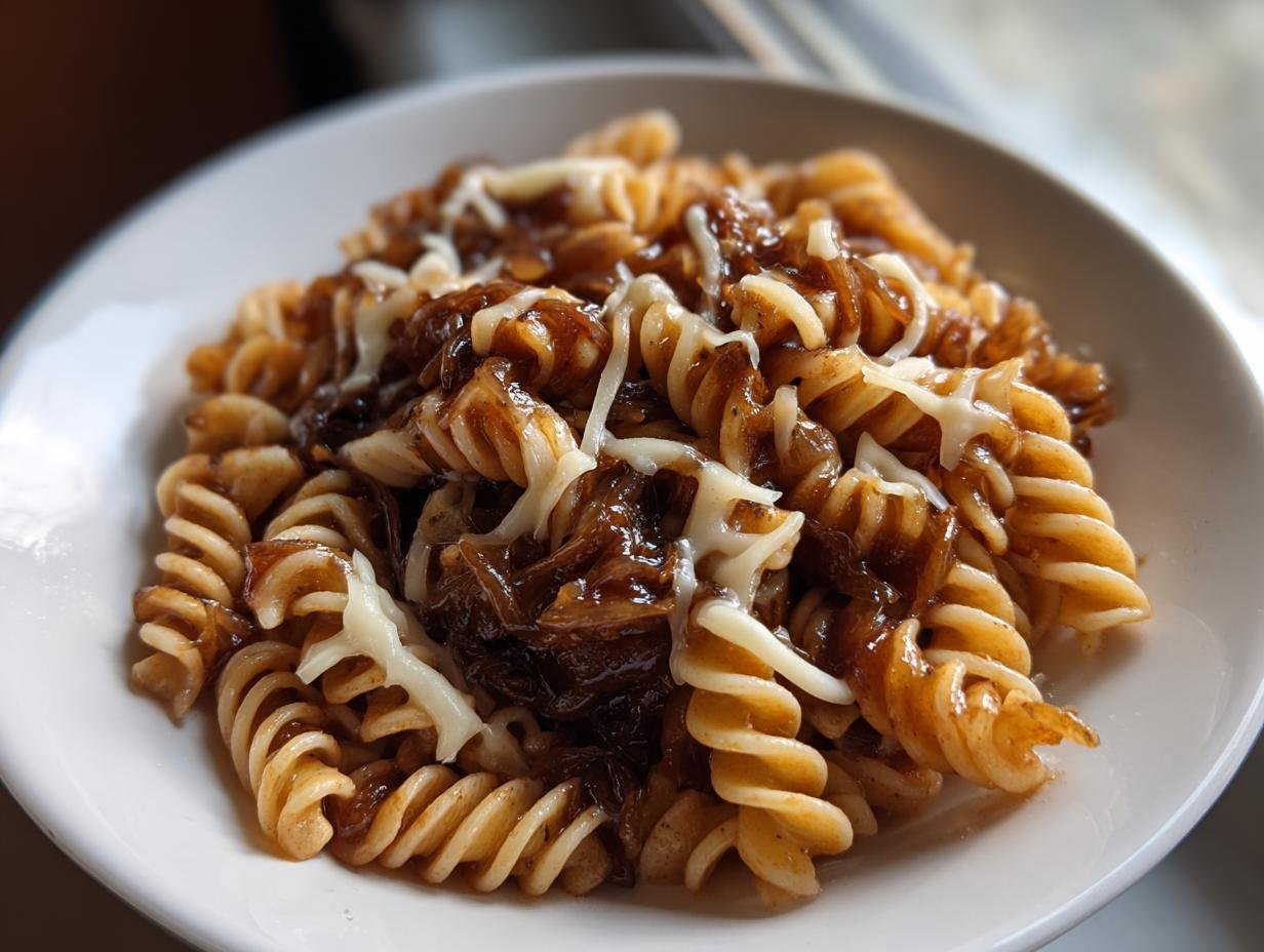 Close-up of rotini pasta tossed in rich caramelized onions, topped with melted white cheese for a delicious French Onion Pasta Recipe.