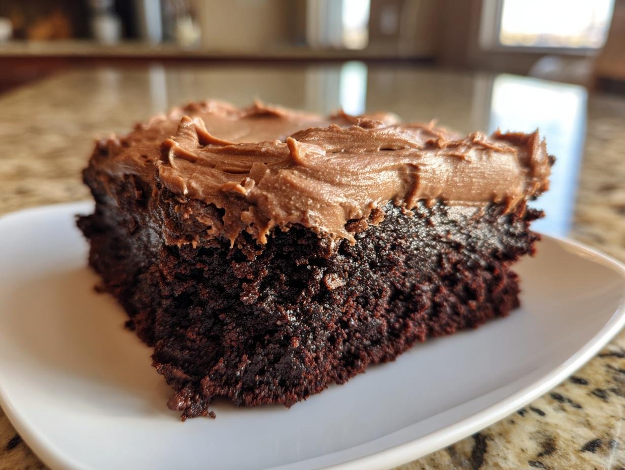 Close-up of a rich, dark slice of Irresistible Frosted Coffee Brownies Recipe topped with thick chocolate frosting.