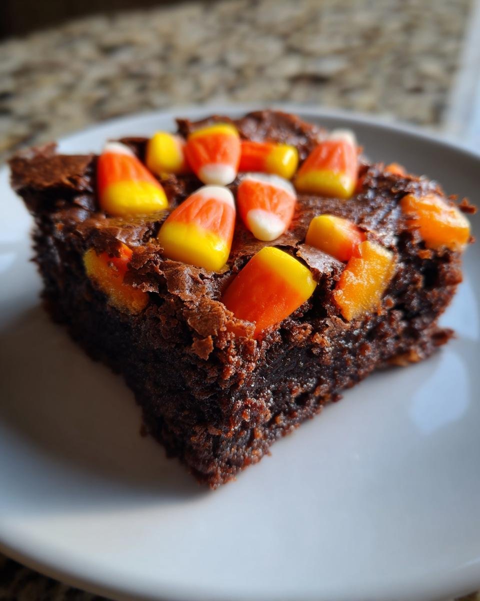 Close-up of a fudgy brownie square topped with colorful candy corn, perfect for Irresistible Candy Corn Brownies.