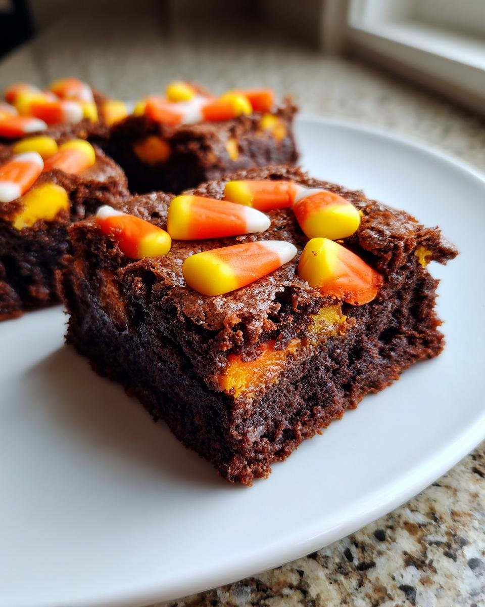 A close-up of a fudgy square of Irresistible Candy Corn Brownies topped with candy corn pieces.