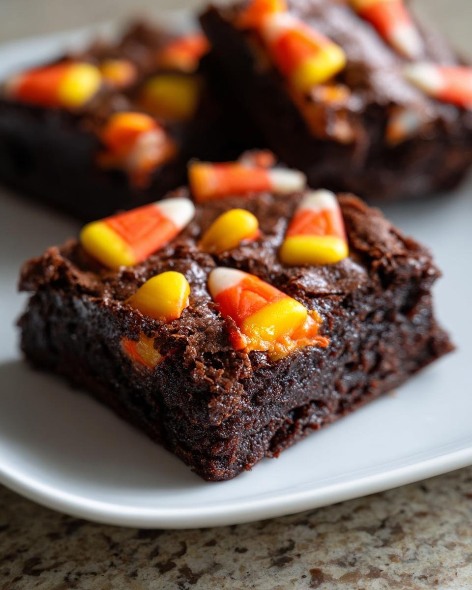Close-up of a fudgy brownie square topped with colorful candy corn, part of the Irresistible Candy Corn Brownies recipe.