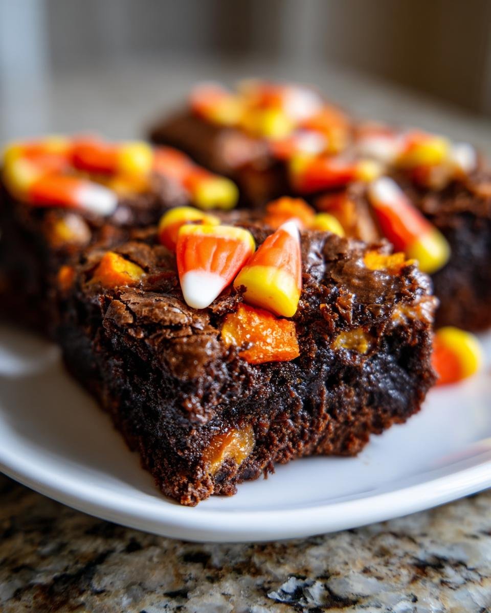 Close-up of fudgy Irresistible Candy Corn Brownies topped with classic candy corn pieces.
