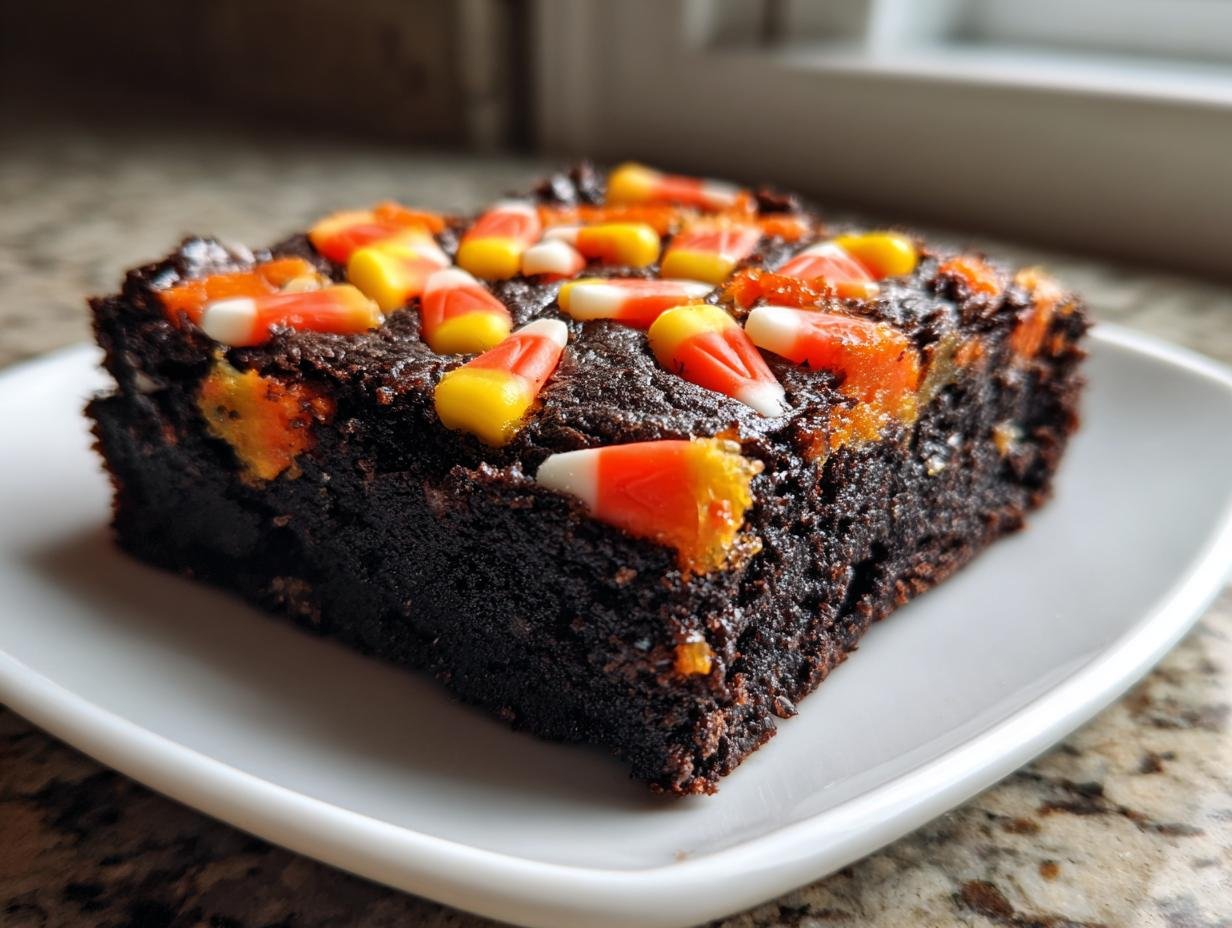 A close-up of a fudgy brownie topped with candy corn, perfect for Irresistible Candy Corn Brownies.