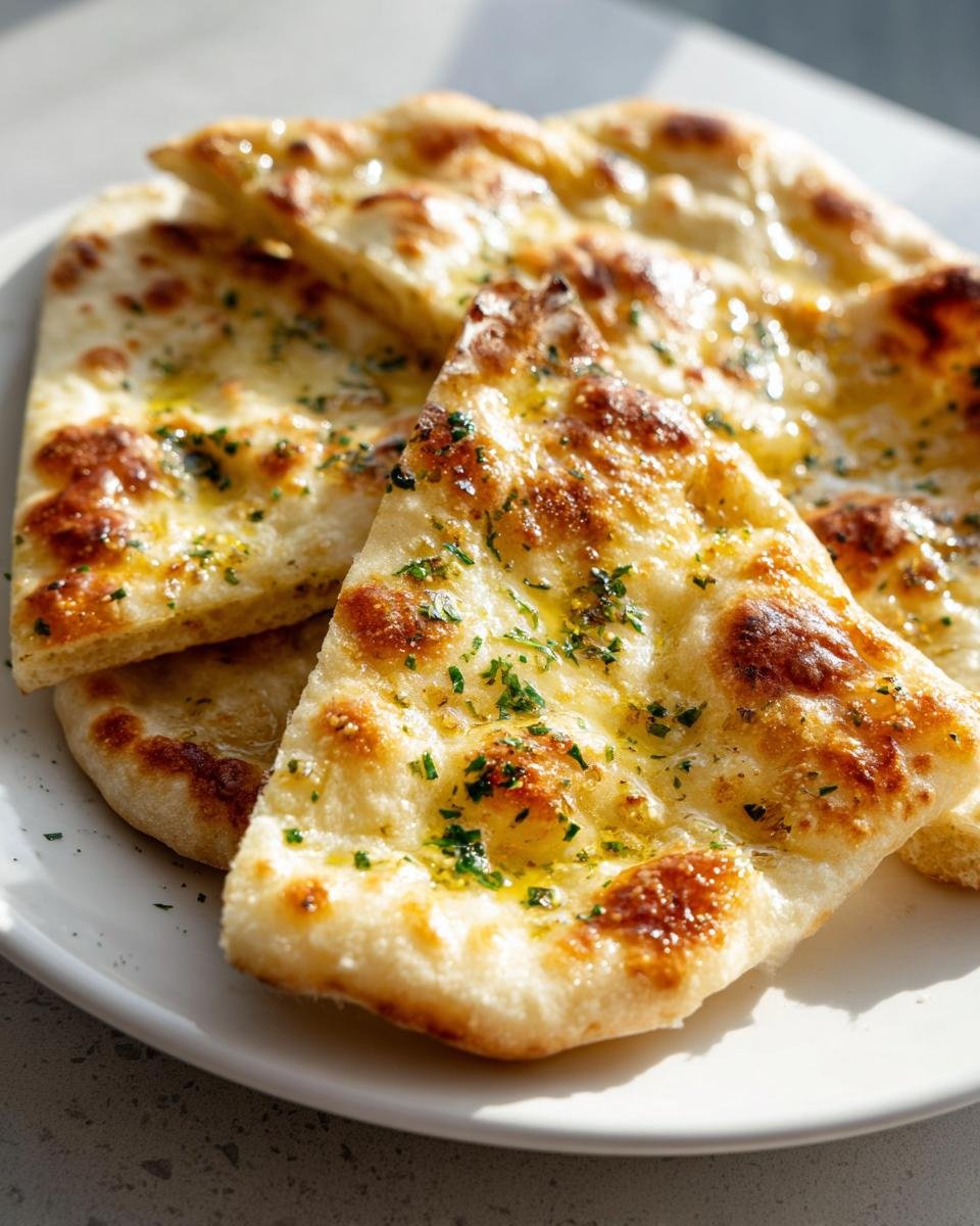 Close-up of warm, golden Garlic And Butter Flatbread Recipe slices topped with melted butter and fresh parsley.