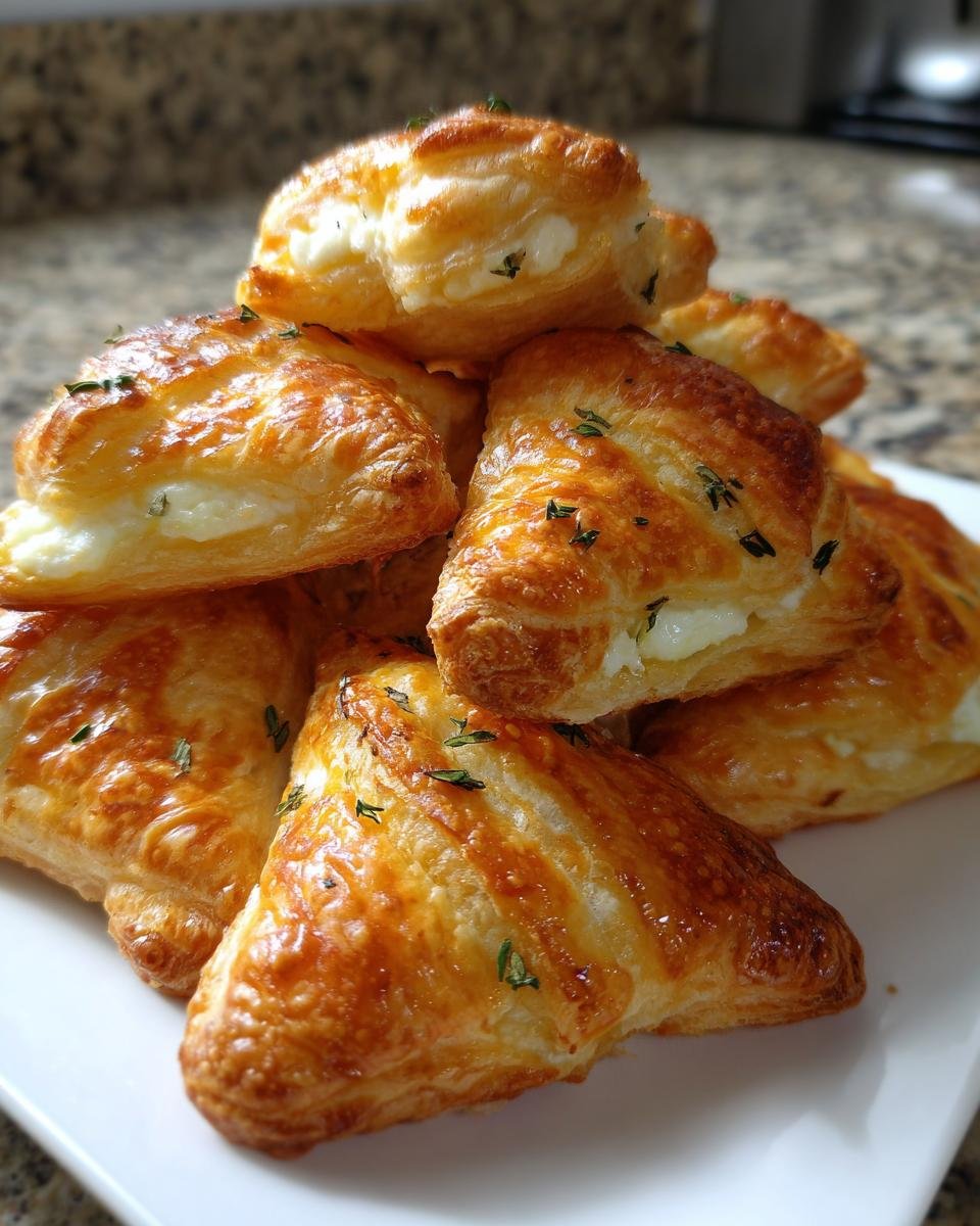 A stack of golden brown, flaky Irresistible Goat Cheese Puff Pastry Appetizers garnished with herbs.