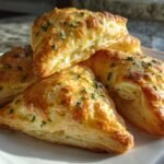 A stack of golden brown, flaky Irresistible Goat Cheese Puff Pastry Appetizers sprinkled with herbs.