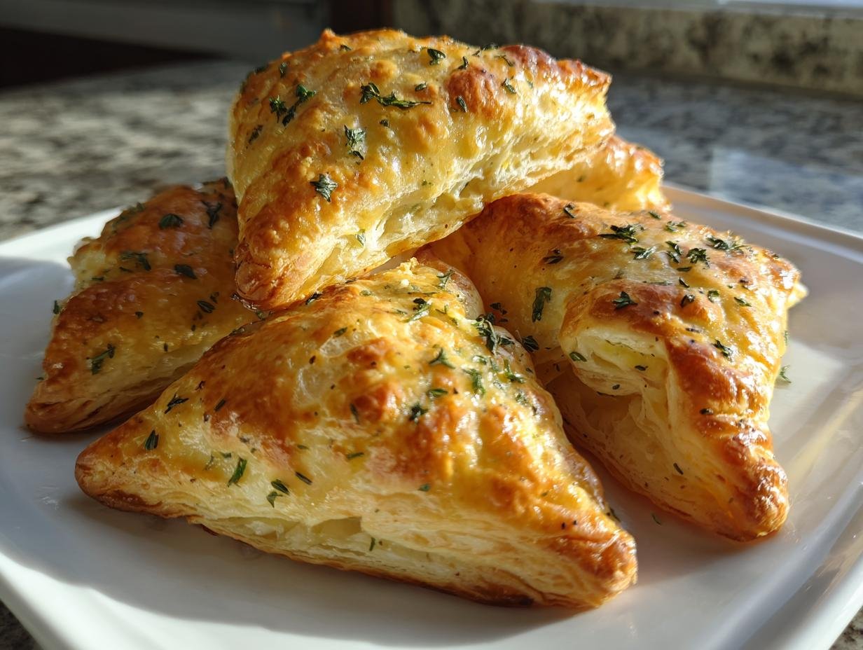 A stack of golden brown, flaky Irresistible Goat Cheese Puff Pastry Appetizers sprinkled with herbs.