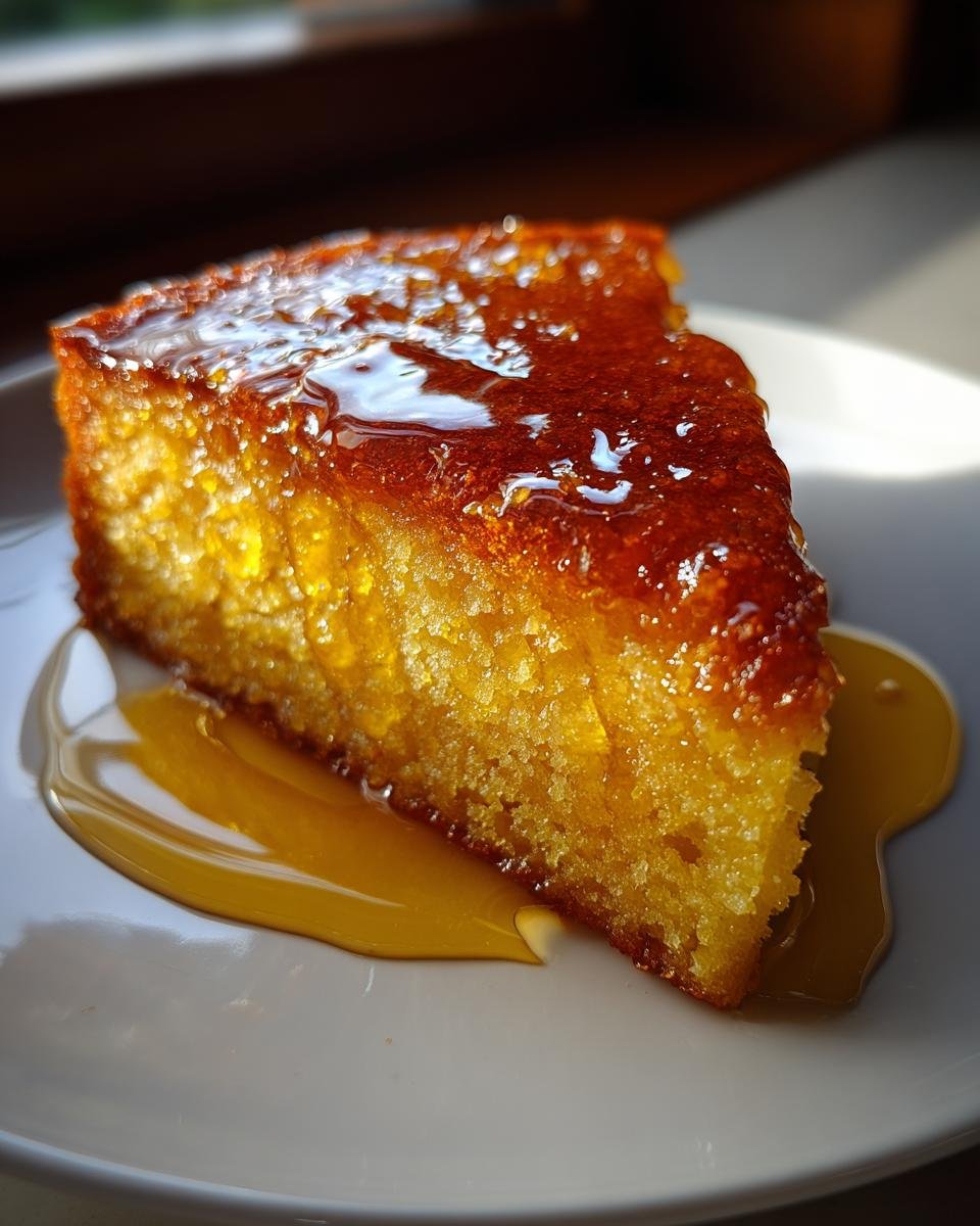 A close-up of a moist slice of Irresistible Golden Greek Honey Pie, drenched in shiny honey syrup on a white plate.