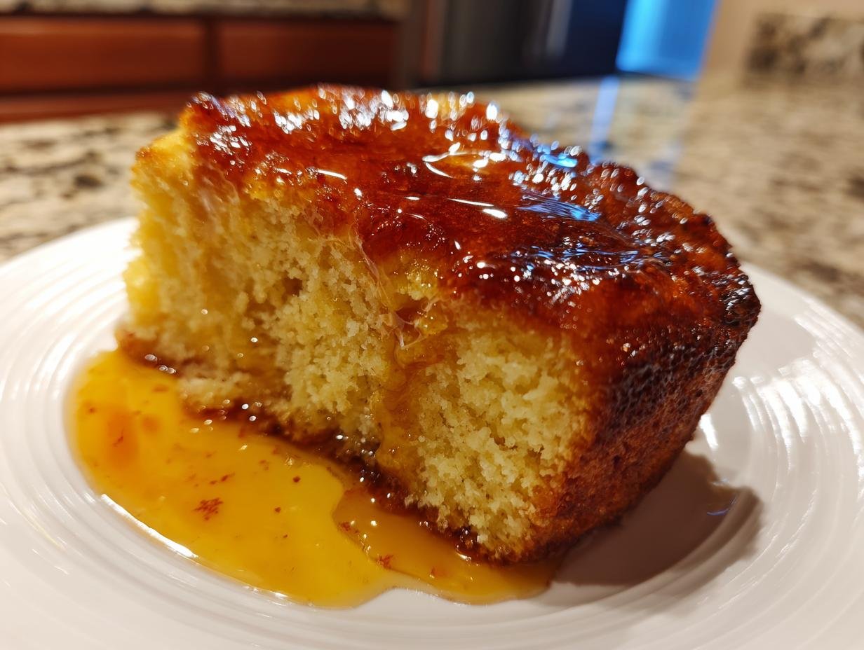 A close-up of a moist slice of Irresistible Golden Greek Honey Pie, generously drizzled with shiny amber honey syrup.