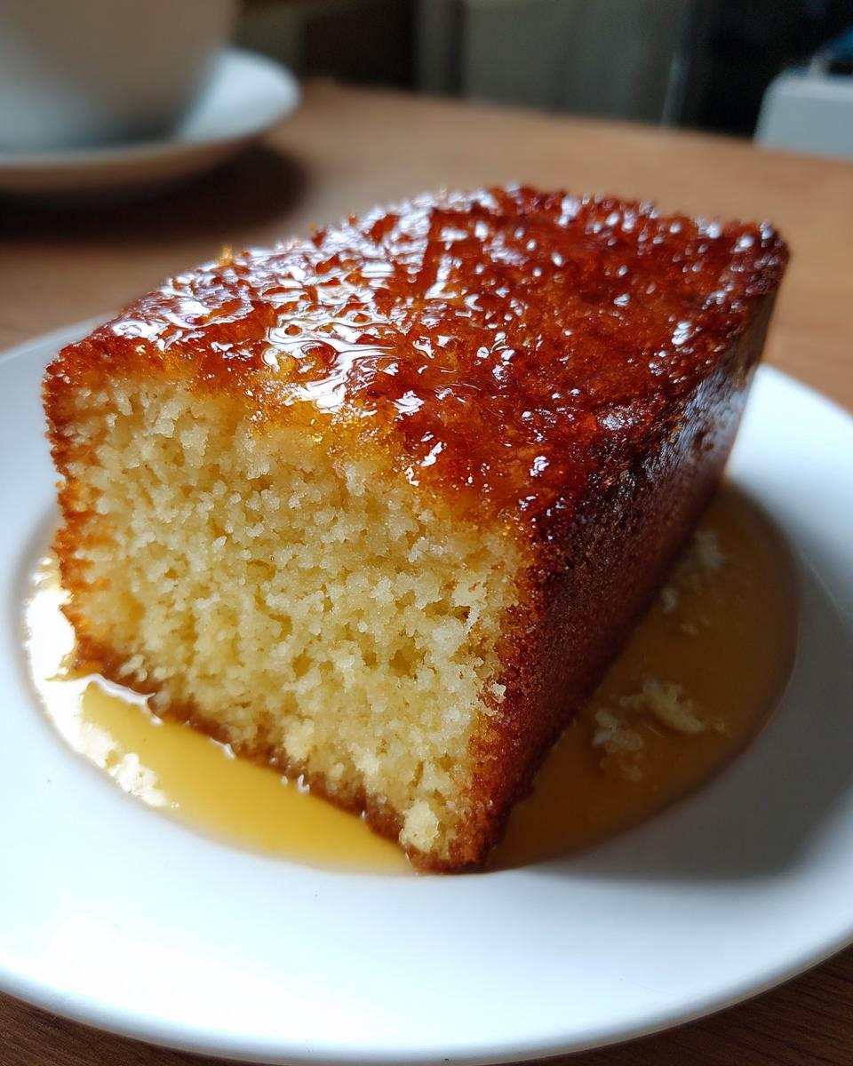 Close-up of a moist slice of Golden Greek Honey Pie, glistening with a rich honey syrup glaze.