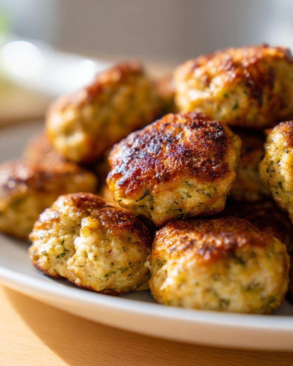 Close-up of golden brown, pan-seared Irresistible Greek Chicken Meat Balls piled on a white plate.