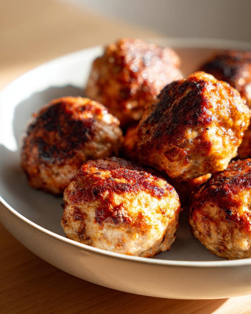 Close-up of several golden-brown, seared Irresistible Greek Chicken Meat Balls piled in a light bowl.