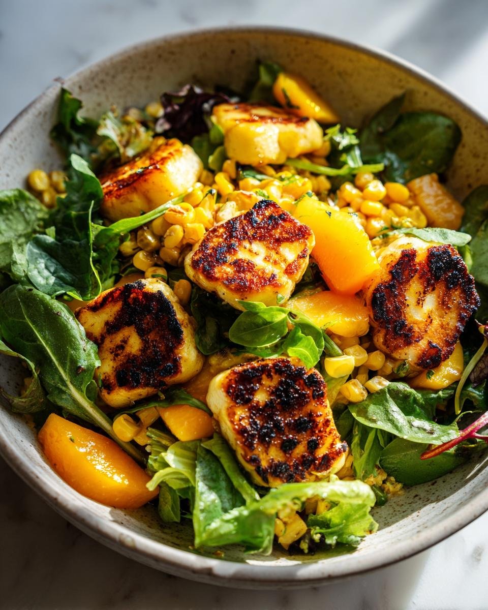 Close-up of a Grilled Charred Corn Haloumi Mango Salad Delight with charred halloumi pieces over greens and corn.