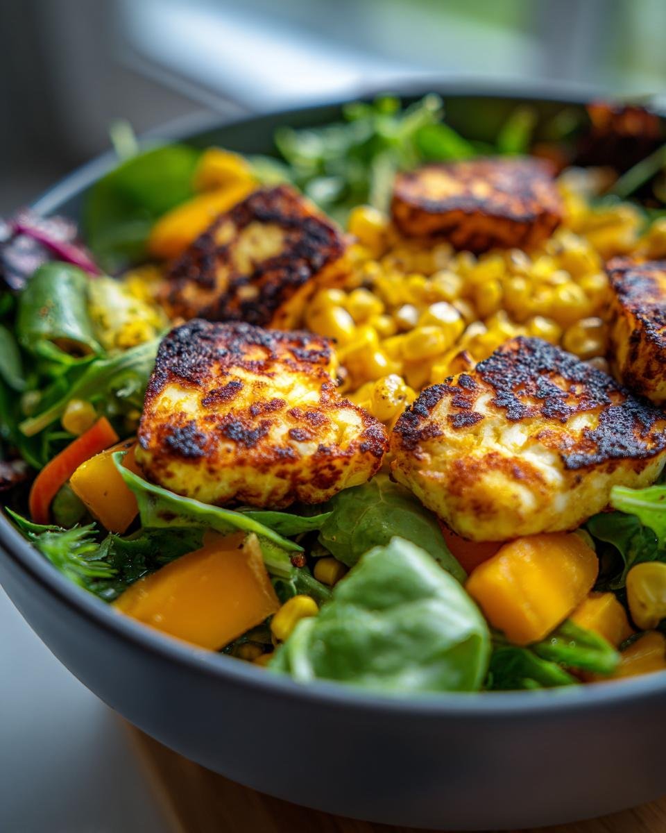 Close-up of Grilled Charred Corn Haloumi Mango Salad Delight featuring charred halloumi pieces over greens, corn, and mango chunks.
