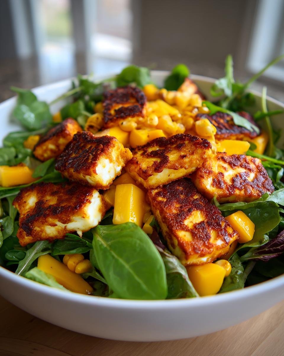 Close-up of a Grilled Charred Corn Haloumi Mango Salad Delight featuring seared halloumi cheese, mango chunks, and mixed greens.