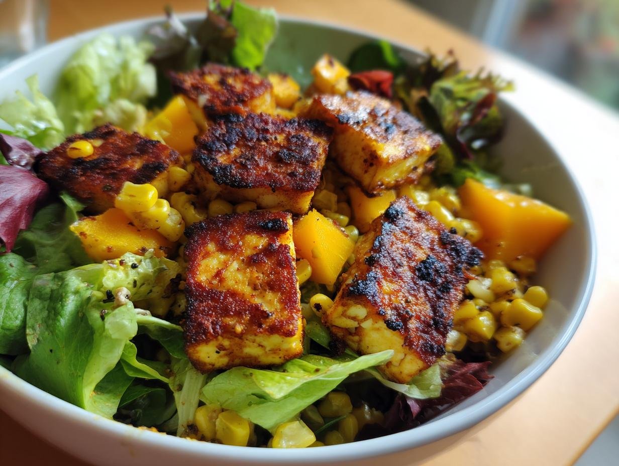 Close-up of a Grilled Charred Corn Haloumi Mango Salad Delight featuring grilled halloumi cheese, corn, and mango chunks over mixed greens.