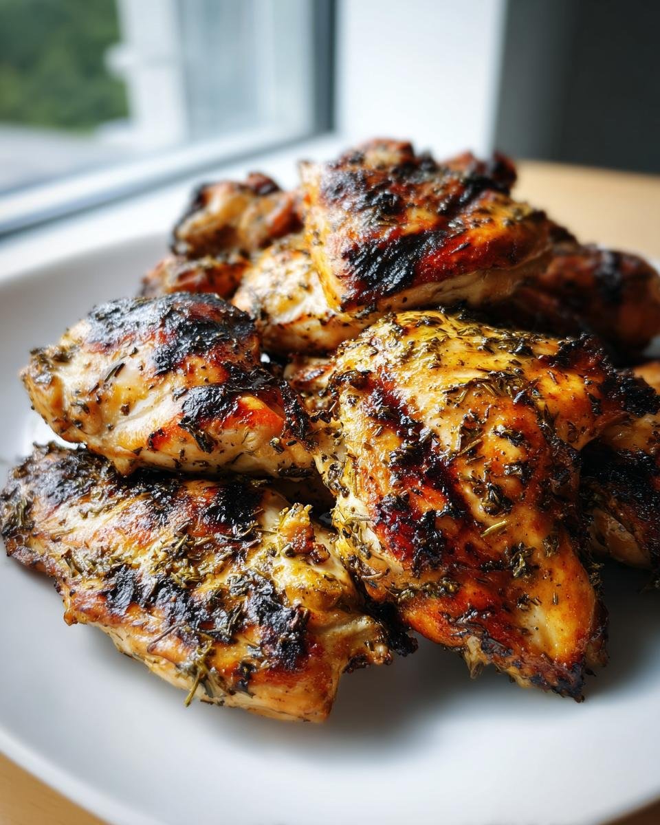 Close-up of grilled chicken pieces coated in herbs from the Irresistible Greek Chicken Marinade Recipe For Grilling.