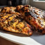 Close-up of grilled chicken breasts coated in herbs from the Irresistible Greek Chicken Marinade Recipe For Grilling.