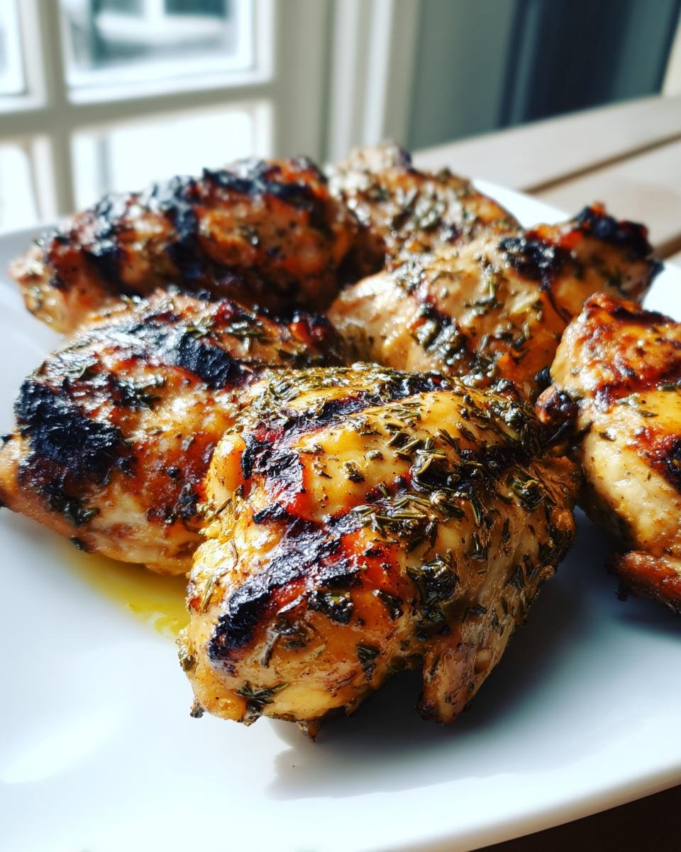 Close-up of grilled chicken thighs coated in herbs from the Irresistible Greek Chicken Marinade Recipe.