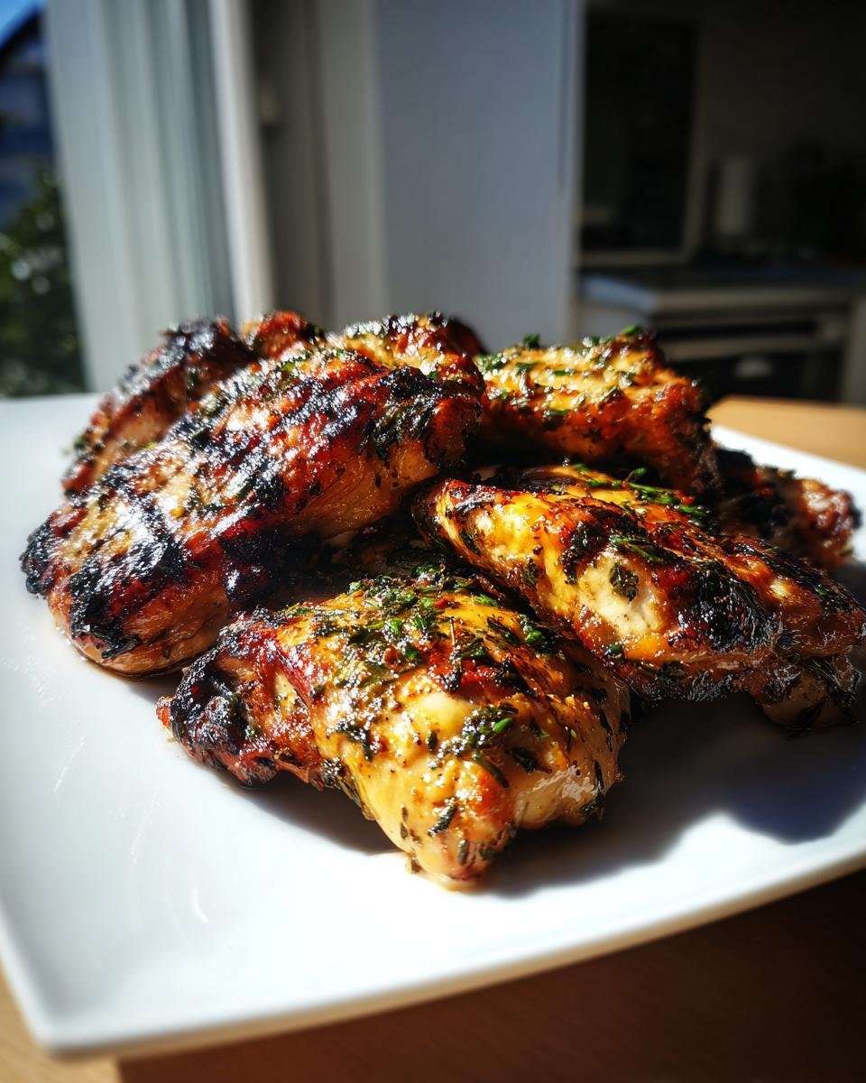 Close-up of grilled chicken pieces coated in herbs, showcasing char marks from the grill, prepared with an Irresistible Greek Chicken Marinade Recipe.