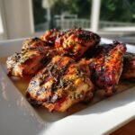 Close-up of grilled chicken thighs coated in herbs from the Irresistible Greek Chicken Marinade Recipe.