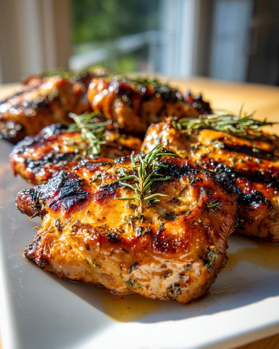 Close-up of grilled chicken pieces coated in a savory glaze, garnished with fresh rosemary sprigs, showcasing the Irresistible Greek Chicken Marinade Recipe.
