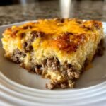 A close-up of a hearty slice of Irresistible Ground Beef Jiffy Cornbread Casserole topped with melted cheddar cheese.