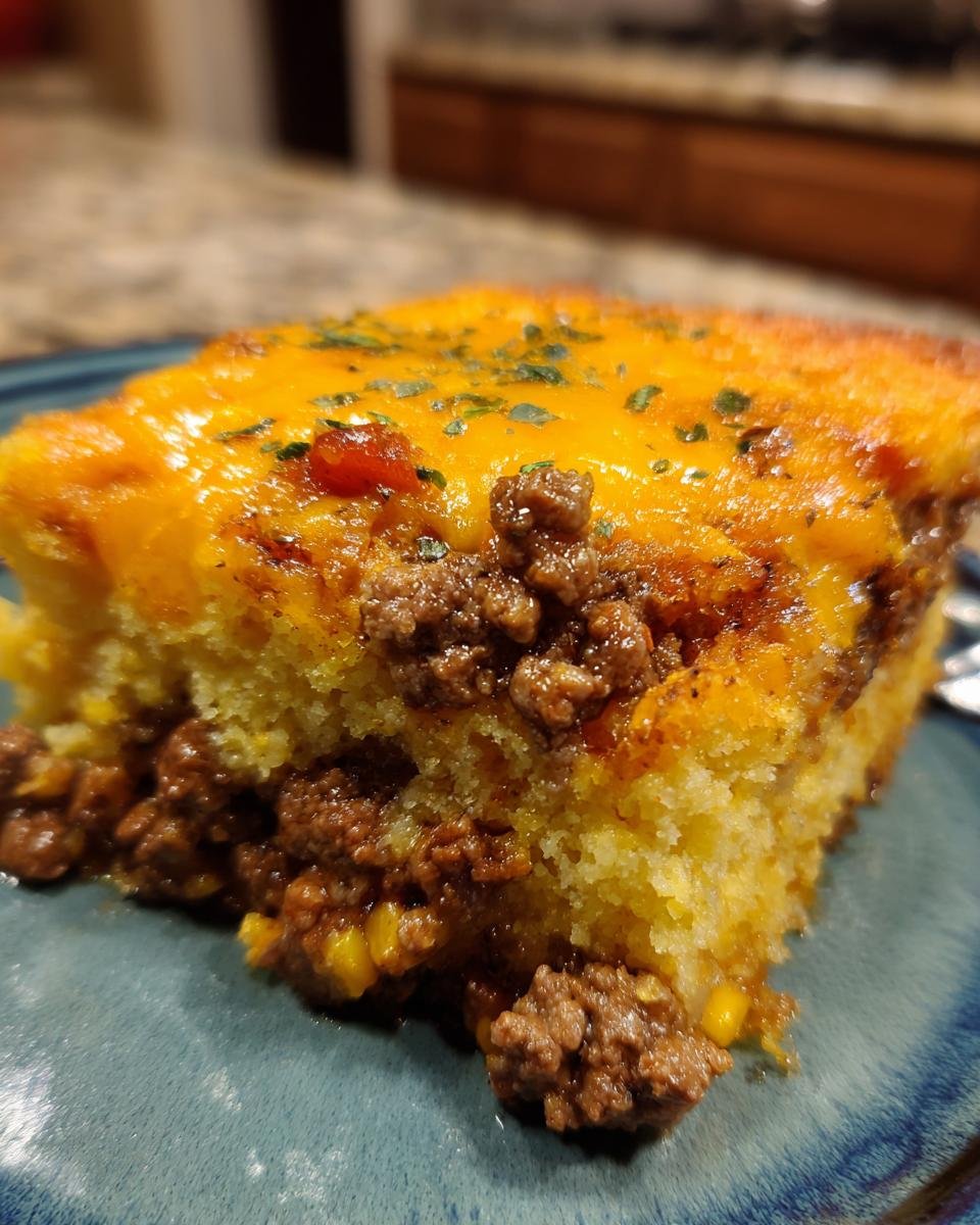 Close-up of a hearty slice of Irresistible Ground Beef Jiffy Cornbread Casserole with melted cheddar cheese topping.