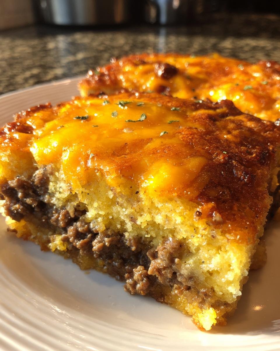 A close-up of a slice of Irresistible Ground Beef Jiffy Cornbread Casserole with melted cheddar cheese topping.