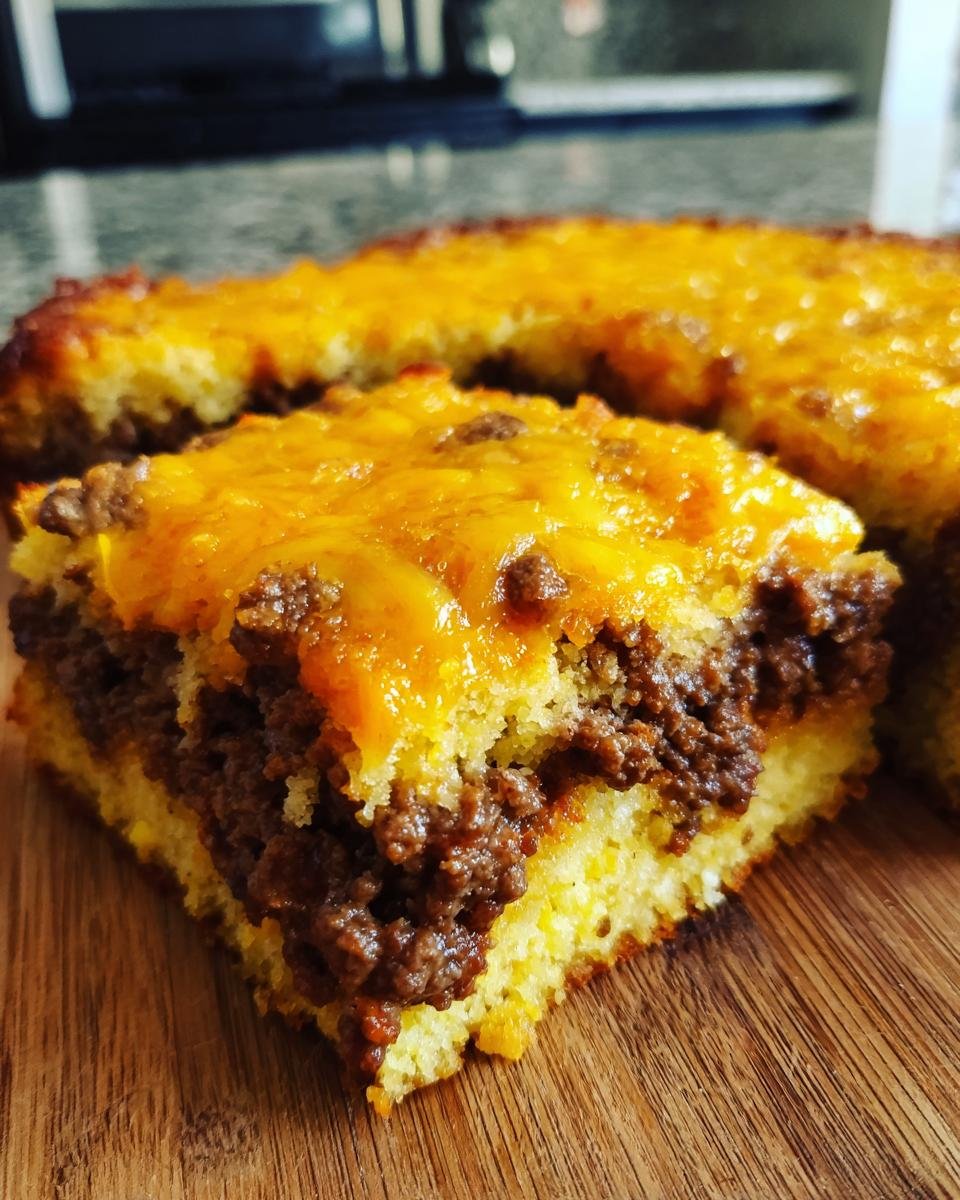 Close-up of a thick slice of Irresistible Ground Beef Jiffy Cornbread Casserole with a layer of melted cheddar cheese on top.