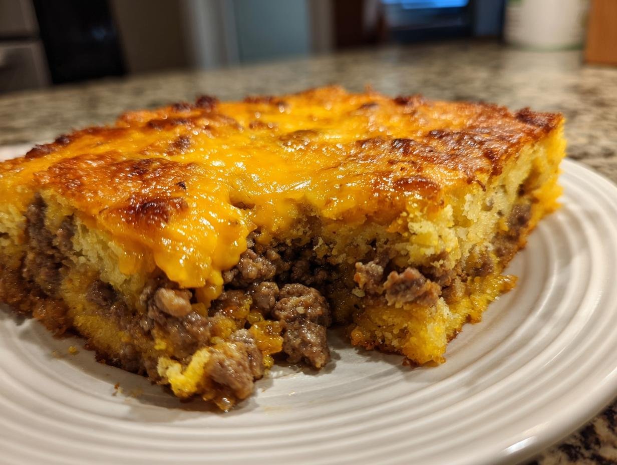 Close-up of a slice of Irresistible Ground Beef Jiffy Cornbread Casserole with melted cheddar cheese topping.